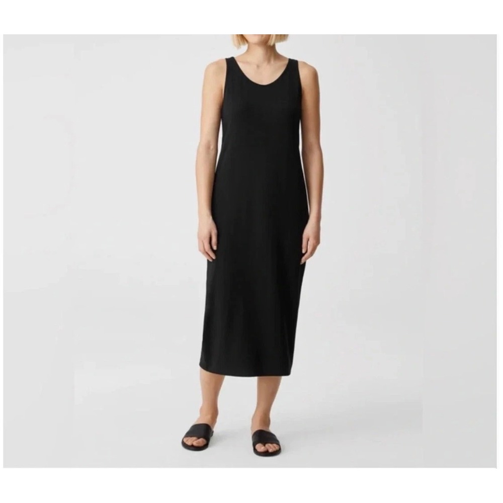 Eileen Fisher Black Viscose Stretch Tank Maxi Dress Large Scoop Neck Sleeveless
